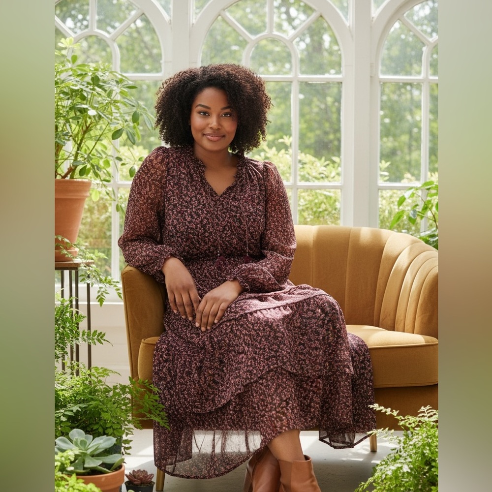 Dip Burgundy Floral Long Sleeve Dress